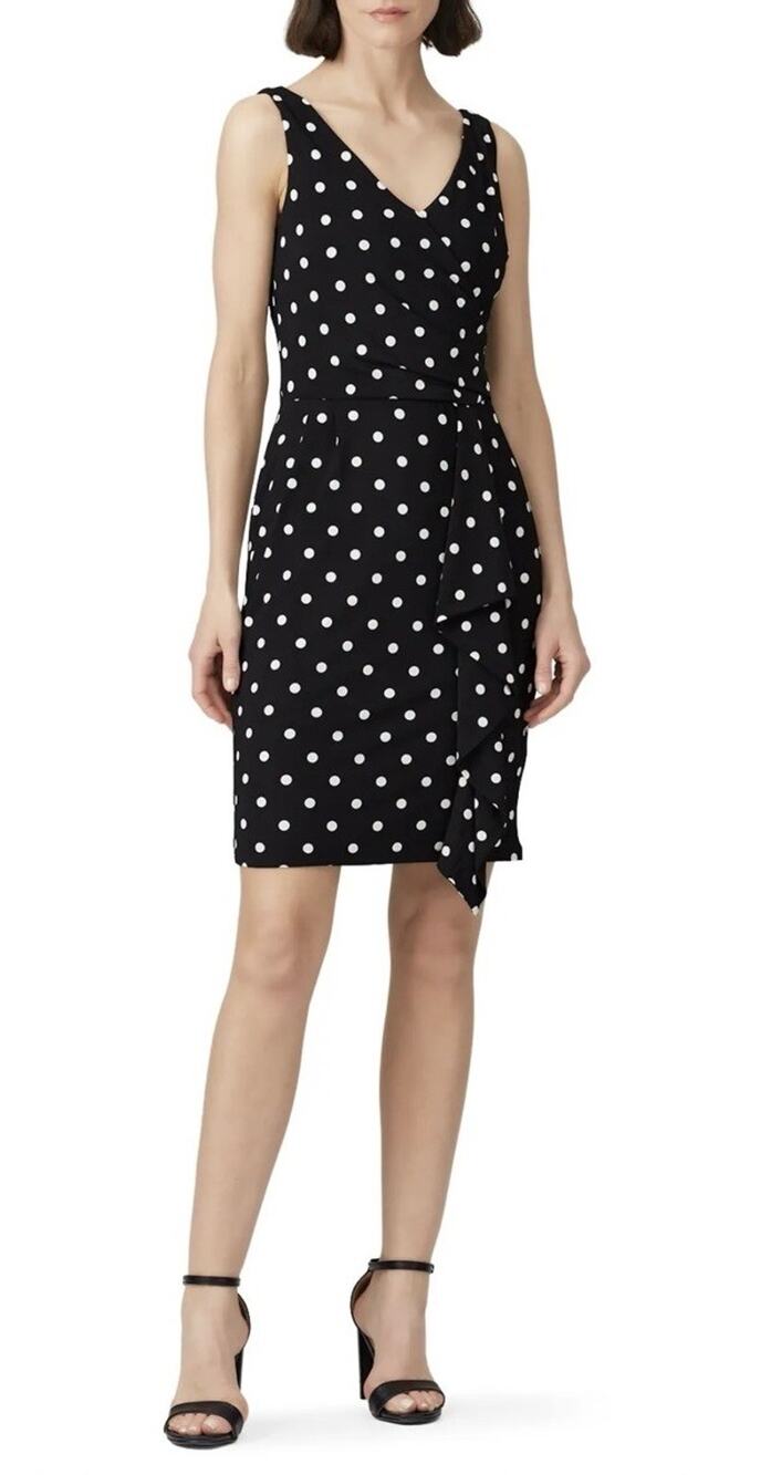 Lauren Ralph Lauren Black White Polka Dot V-Neck Wrap Sheath Dress 12
